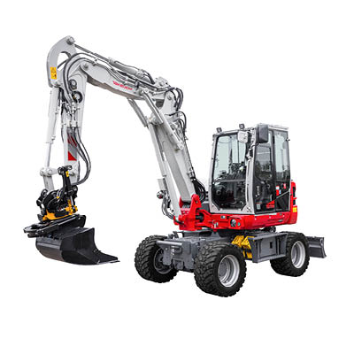 wheeled digger with bucket attachment