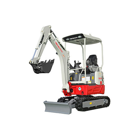 red and white Takeuchi digger