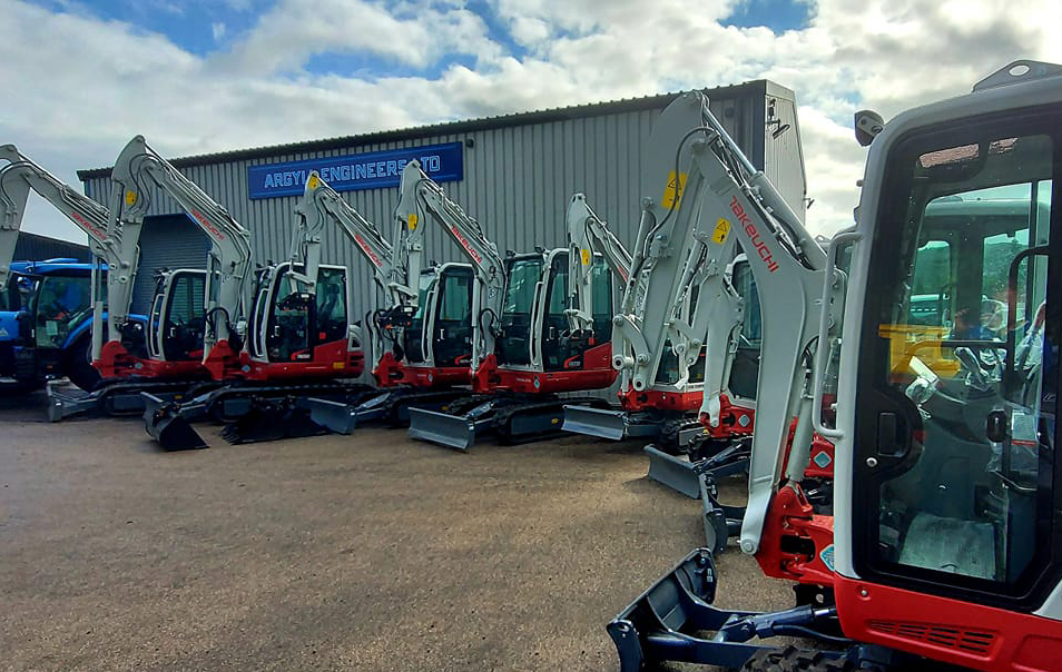 several takeuchi diggers parked up in front of Argyll Engineers Building