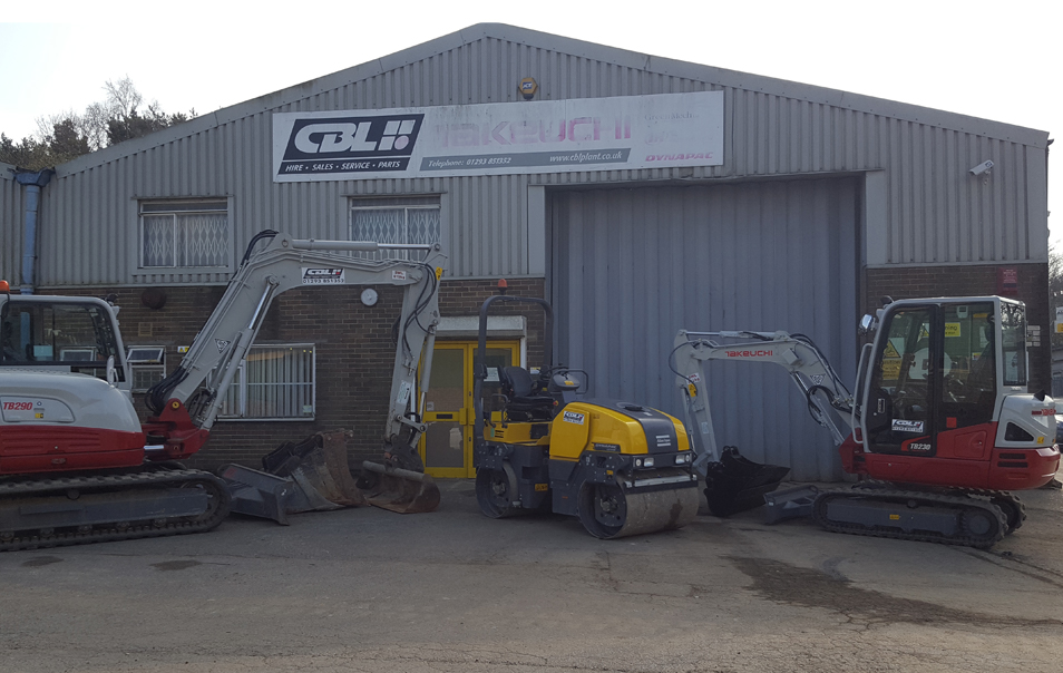 CBL Crawley depot with a couple of takeuchi diggers in front and a heavy duty machine