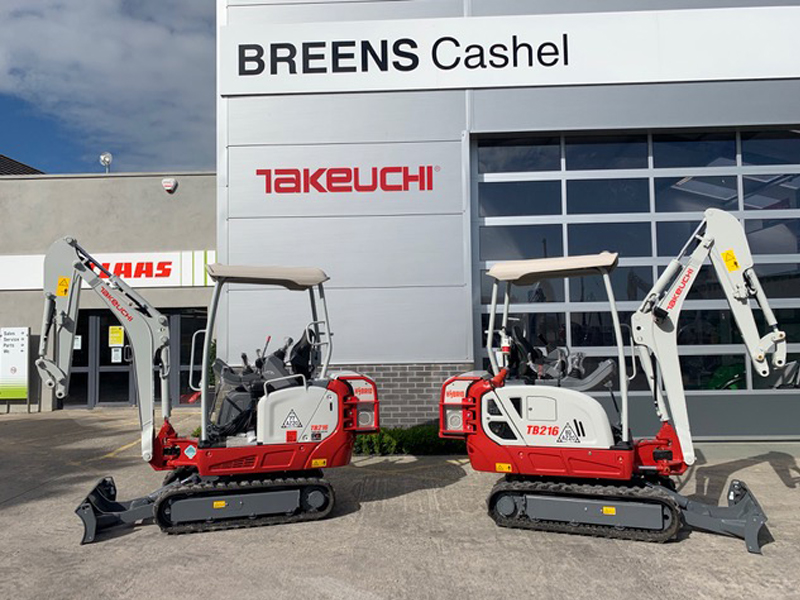 Two Takeuchi diggers parked in front of Breens building that is located in Cashel