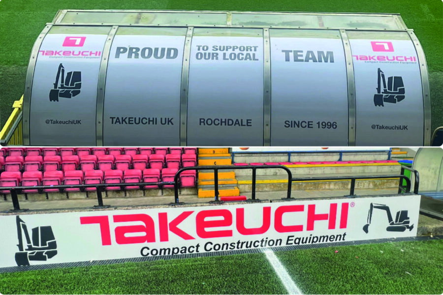 takeuchi sponsor rochdale afc dugout